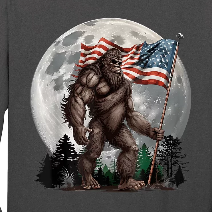 Bigfoot Sasquatch American Flag Full Moon Patriotics Long Sleeve Shirt