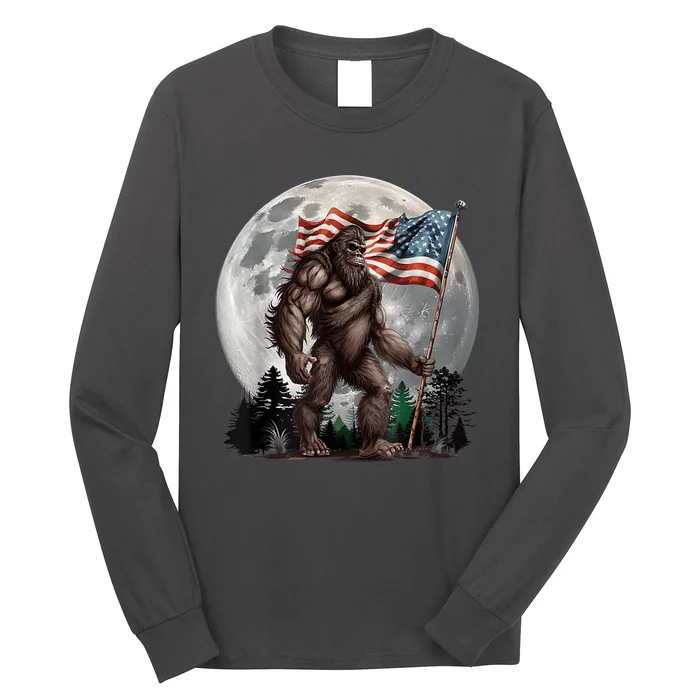 Bigfoot Sasquatch American Flag Full Moon Patriotics Long Sleeve Shirt