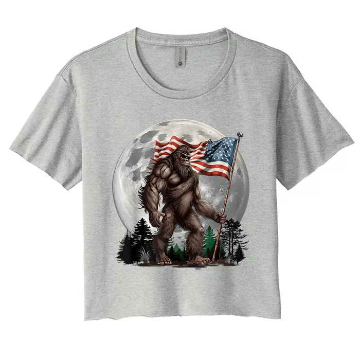 Bigfoot Sasquatch American Flag Full Moon Patriotics Women's Crop Top Tee