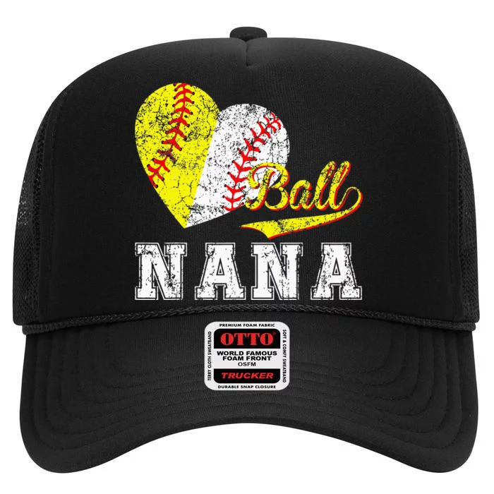 Baseball Softball Ball Heart Nana funny Mother's Day High Crown Mesh Trucker Hat