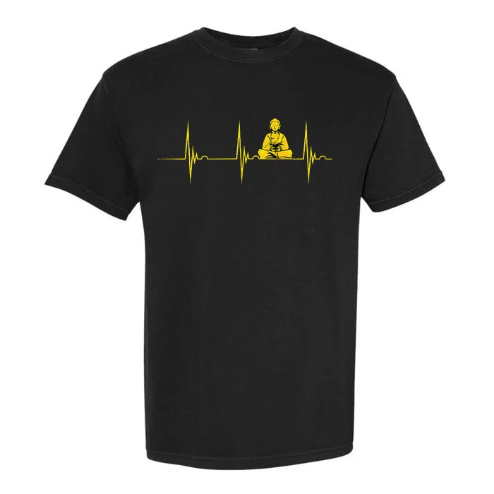 Buddha Statue Buddhist Heartbeat Ekg Pulse Zen Yoga Buddhism Garment-Dyed Heavyweight T-Shirt