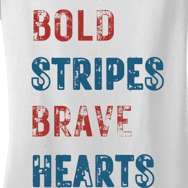 Bold Stripes Brave Hearts 4th Of July Women's V-Neck T-Shirt