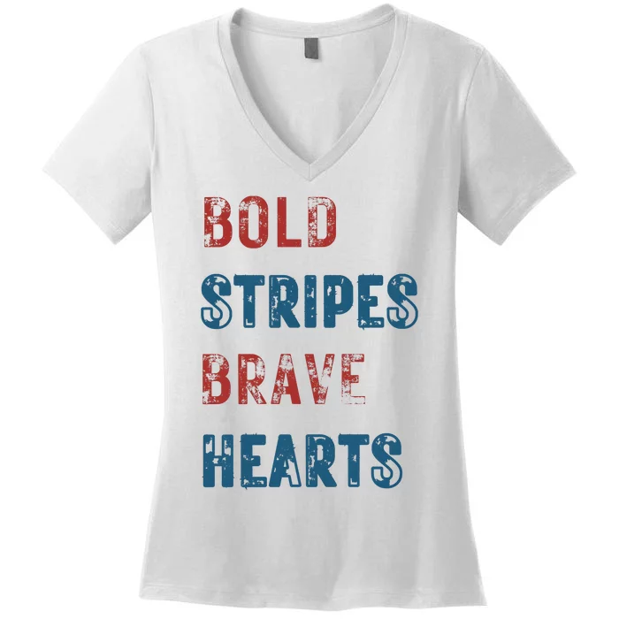 Bold Stripes Brave Hearts 4th Of July Women's V-Neck T-Shirt