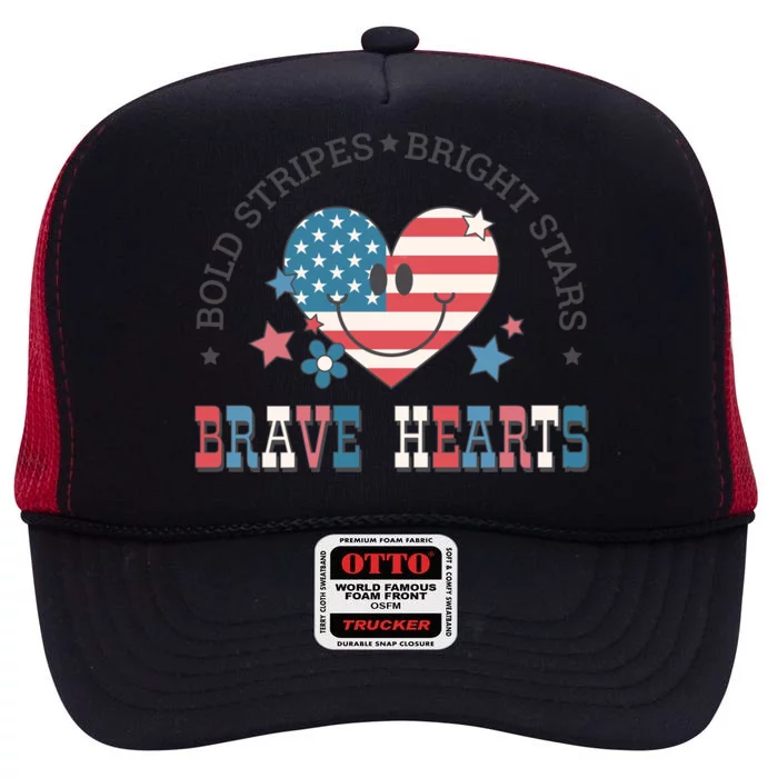 Bold Stripes Bright Stars Brave Hearts High Crown Mesh Trucker Hat