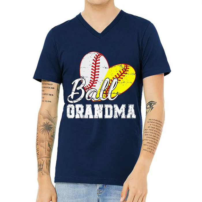 Baseball Softball Ball Heart Grandma Funny Mother's Day V-Neck T-Shirt