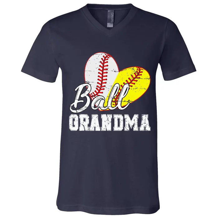 Baseball Softball Ball Heart Grandma Funny Mother's Day V-Neck T-Shirt