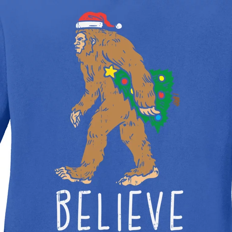 Believe Sasquatch Bigfoot Santa Hat Fun Christmas Tree Gift Ladies Long Sleeve Shirt