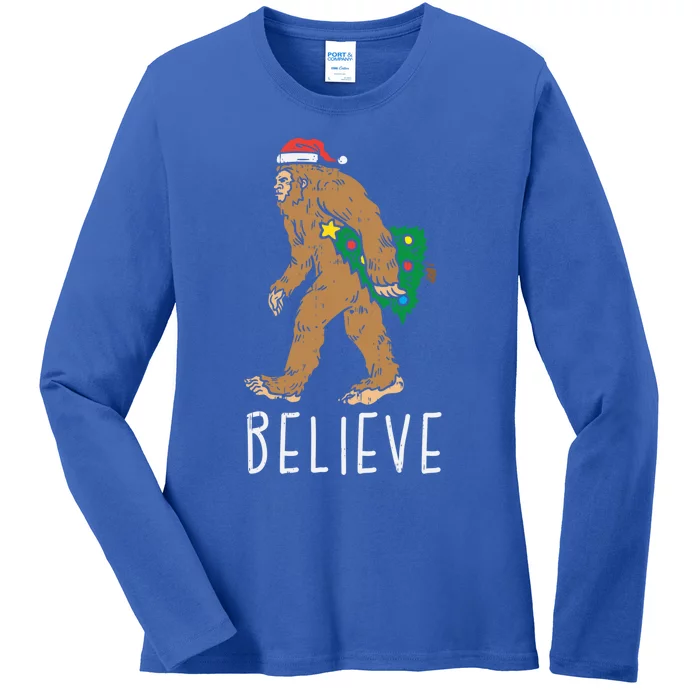 Believe Sasquatch Bigfoot Santa Hat Fun Christmas Tree Gift Ladies Long Sleeve Shirt