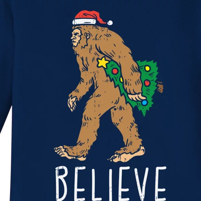 Believe Sasquatch Bigfoot Santa Hat Fun Christmas Tree Gift Baby Long Sleeve Bodysuit