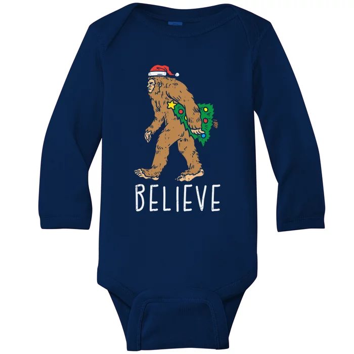 Believe Sasquatch Bigfoot Santa Hat Fun Christmas Tree Gift Baby Long Sleeve Bodysuit