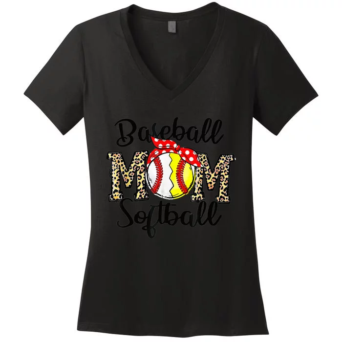 Bleached Softball Baseball Mom Leopard Tee Mothers Day Wo Women's V-Neck T-Shirt