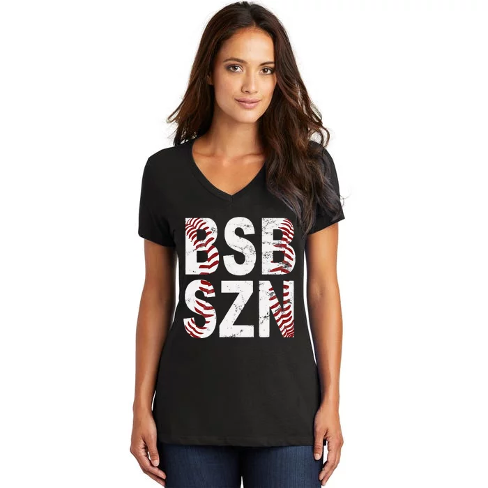 BSB SZN Baseball Season Distressed Women's V-Neck T-Shirt