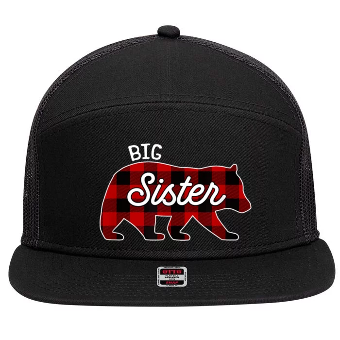 Big Sister Bear Red Buffalo Plaid Matching Family 7 Panel Mesh Trucker Snapback Hat