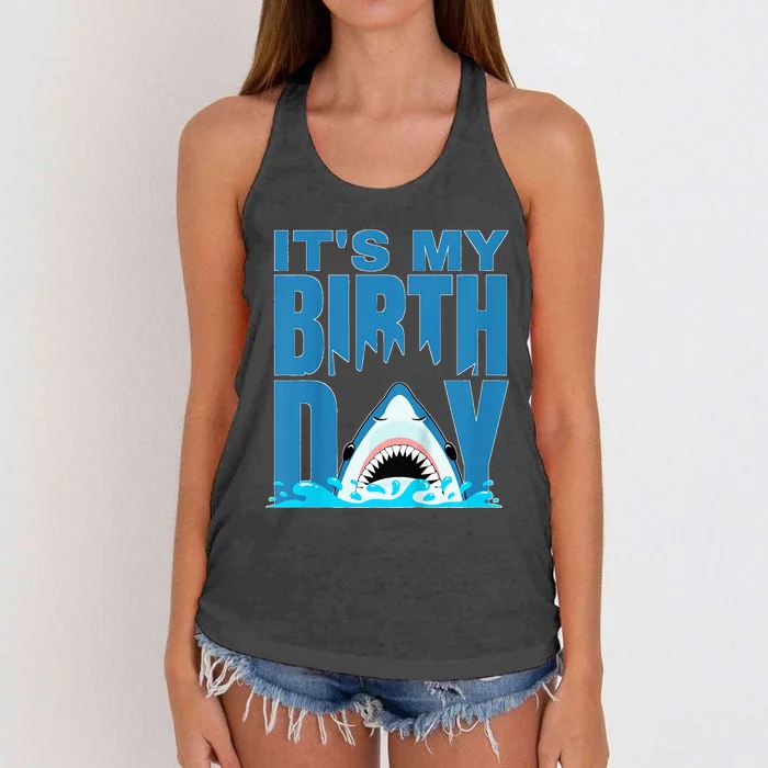 Blue Shark Birthday Shark Bite Its My Birthday Women's Knotted Racerback Tank