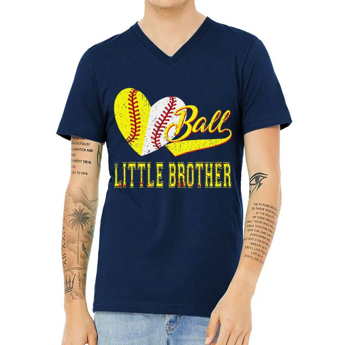 Baseball Softball Ball Heart Little Brother Father Day V-Neck T-Shirt