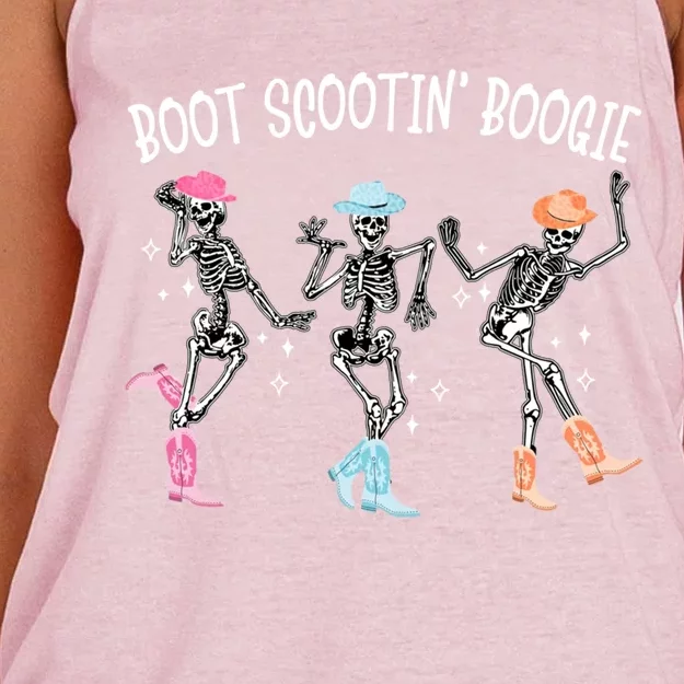 Boot Scootin Boogie Retro Western Skeleton Dancing Cow Gift Women's Knotted Racerback Tank