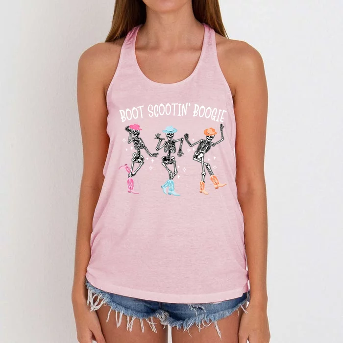 Boot Scootin Boogie Retro Western Skeleton Dancing Cow Gift Women's Knotted Racerback Tank