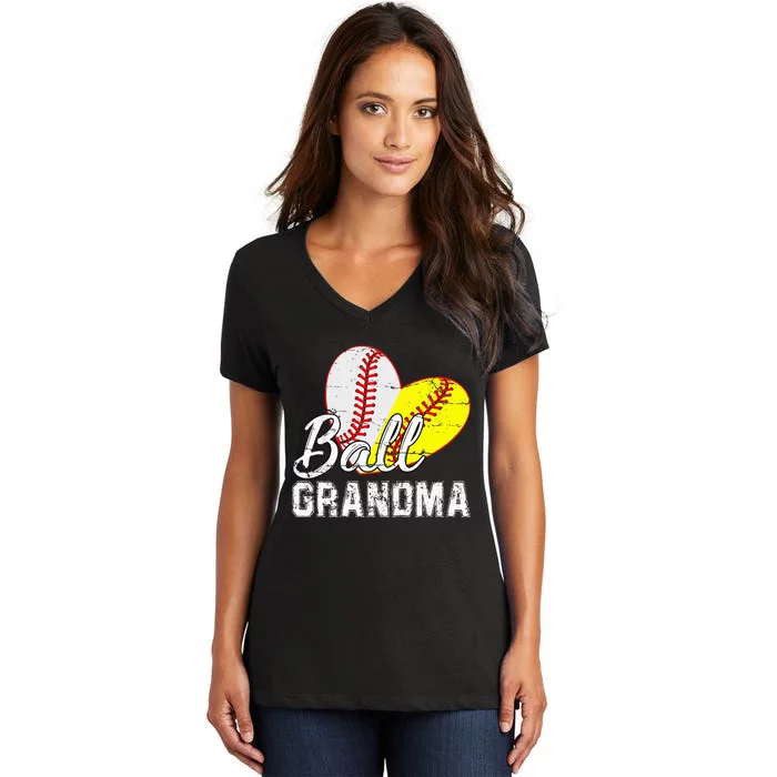 Baseball Softball Ball Heart Grandma Mother's Day Women's V-Neck T-Shirt