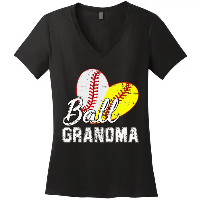 Baseball Softball Ball Heart Grandma Mother's Day Women's V-Neck T-Shirt