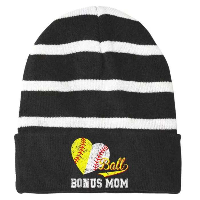 Baseball Softball Ball Heart Bonus Mom Mother's Day Striped Beanie with Solid Band