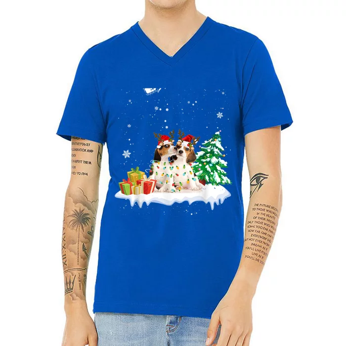 Beagle Santa Christmas Tree Light Pajama Dog Xmas Gift V-Neck T-Shirt