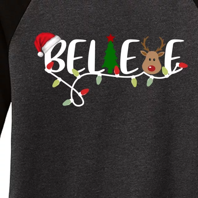 Believe Santa Claus Reindeer Christmas Festive Women's Tri-Blend 3/4-Sleeve Raglan Shirt