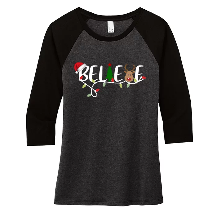 Believe Santa Claus Reindeer Christmas Festive Women's Tri-Blend 3/4-Sleeve Raglan Shirt