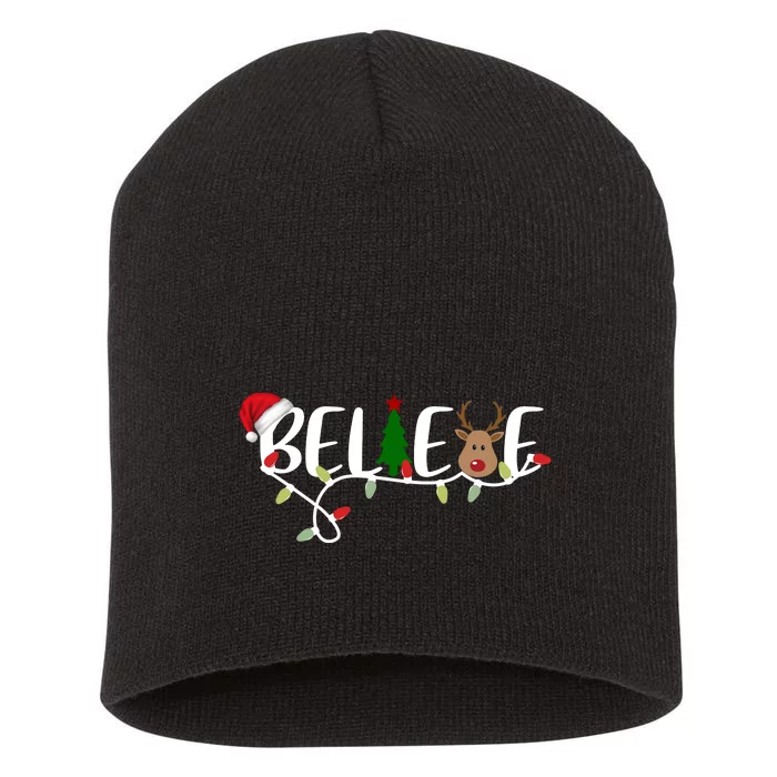 Believe Santa Claus Reindeer Christmas Festive Short Acrylic Beanie