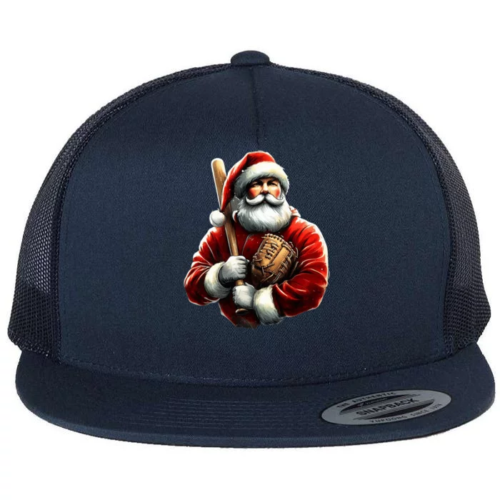 Baseball Santa Christmas Funny Santa Playing Baseball Xmas Gift Flat Bill Trucker Hat