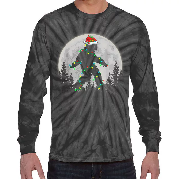 Bigfoot Santa Christmas Tree Lights Funny Xmas Sasquatch Tie-Dye Long Sleeve Shirt