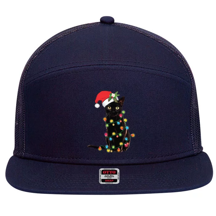 Black Santa Cat Tangled Up In Lights Christmas Santa 7 Panel Mesh Trucker Snapback Hat