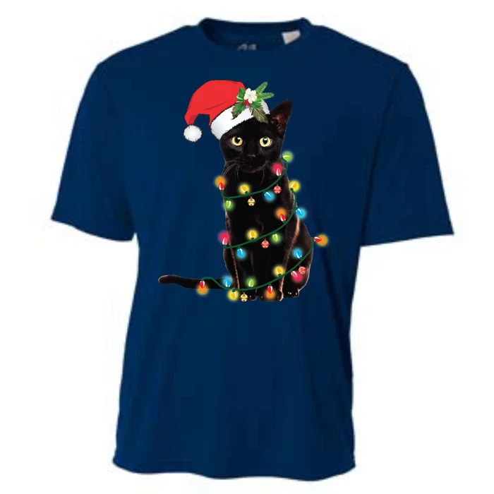 Black Santa Cat Tangled Up In Lights Christmas Santa Cooling Performance Crew T-Shirt