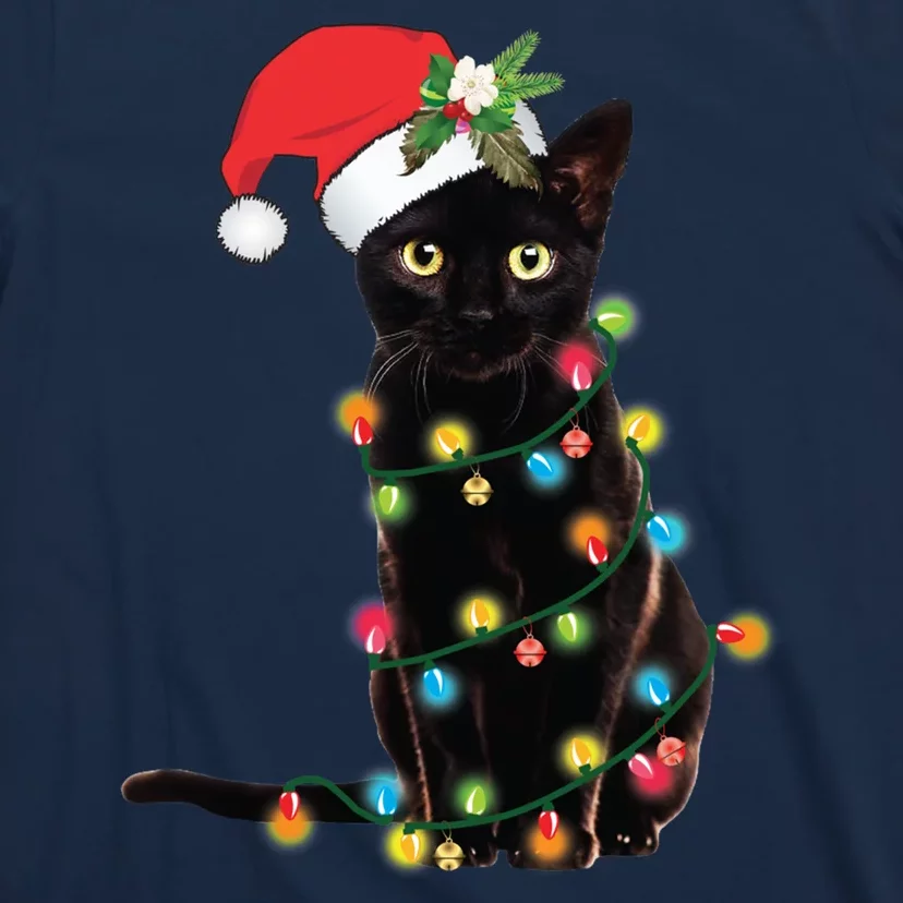 Black Santa Cat Tangled Up In Lights Christmas Santa T-Shirt