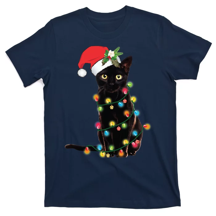 Black Santa Cat Tangled Up In Lights Christmas Santa T-Shirt