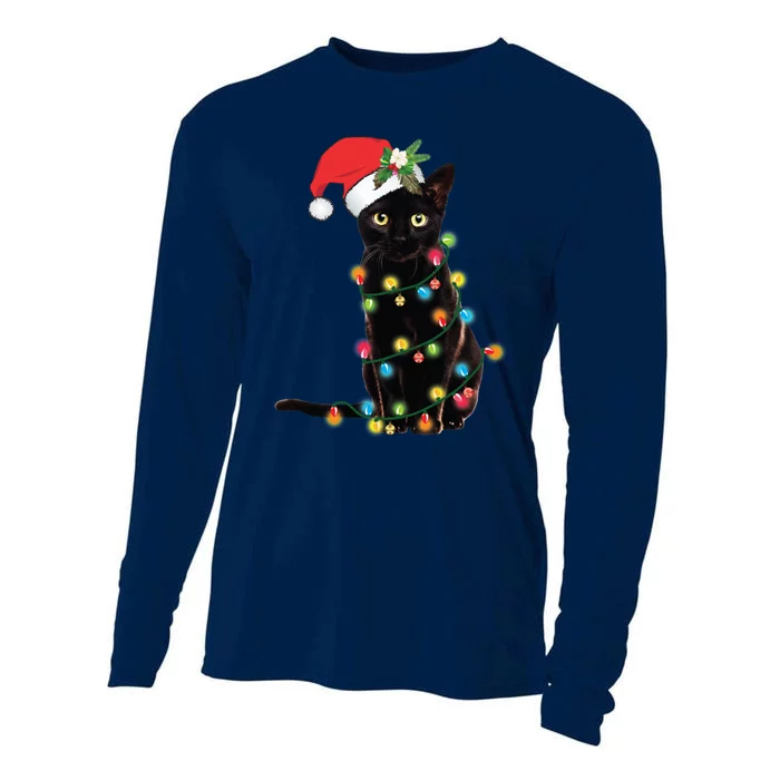 Black Santa Cat Tangled Up In Lights Christmas Santa Cooling Performance Long Sleeve Crew