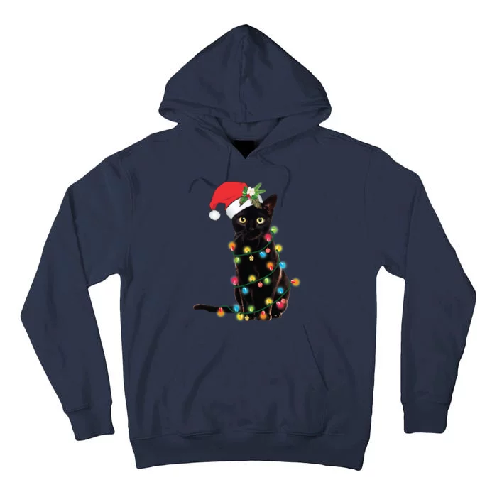 Black Santa Cat Tangled Up In Lights Christmas Santa Tall Hoodie