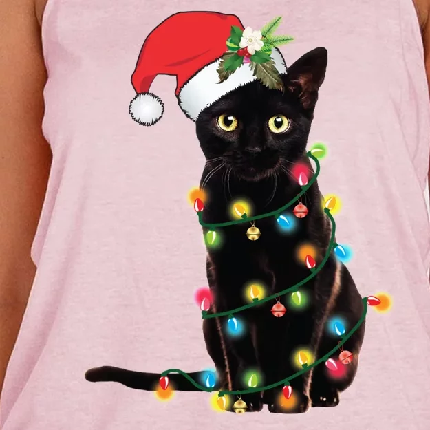 Black Santa Cat Tangled Up In Lights Christmas Santa Women's Knotted Racerback Tank