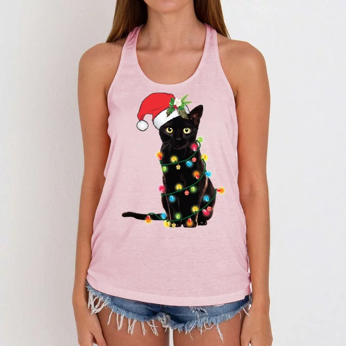 Black Santa Cat Tangled Up In Lights Christmas Santa Women's Knotted Racerback Tank