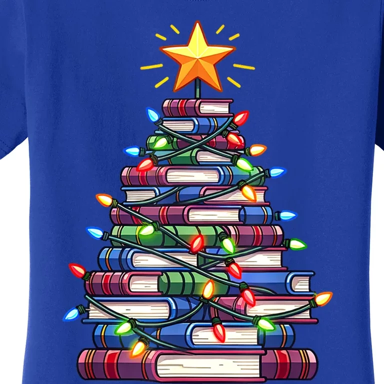 Book Stack Christmas Tree With Lights Bookworm Librarian Gift Women's T-Shirt