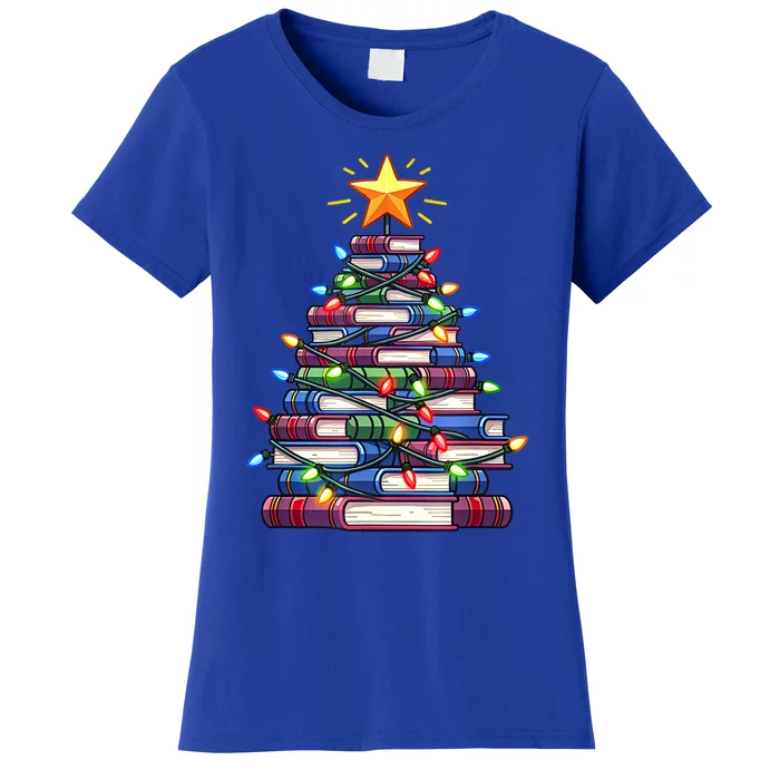 Book Stack Christmas Tree With Lights Bookworm Librarian Gift Women's T-Shirt