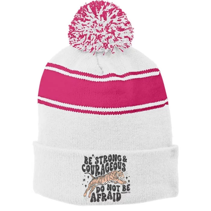 Be Strong Courageous Tiger Christian Religious Stripe Pom Pom Beanie