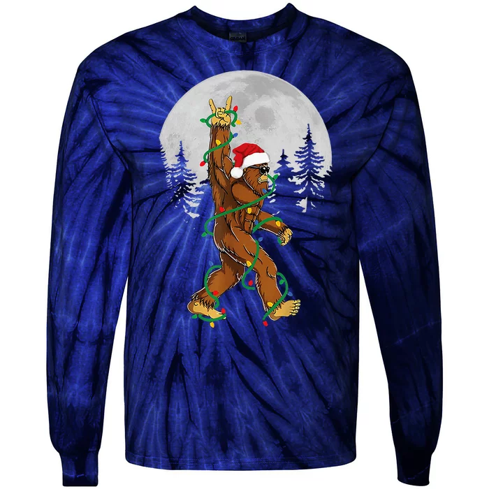 Bigfoot Santa Christmas Tree Lights Funny Xmas Sasquatch Tie-Dye Long Sleeve Shirt