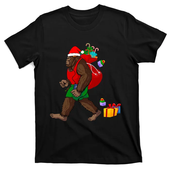 Bigfoot Santa Carrying Christmas Bag Xmas Hat Sasquatch T-Shirt