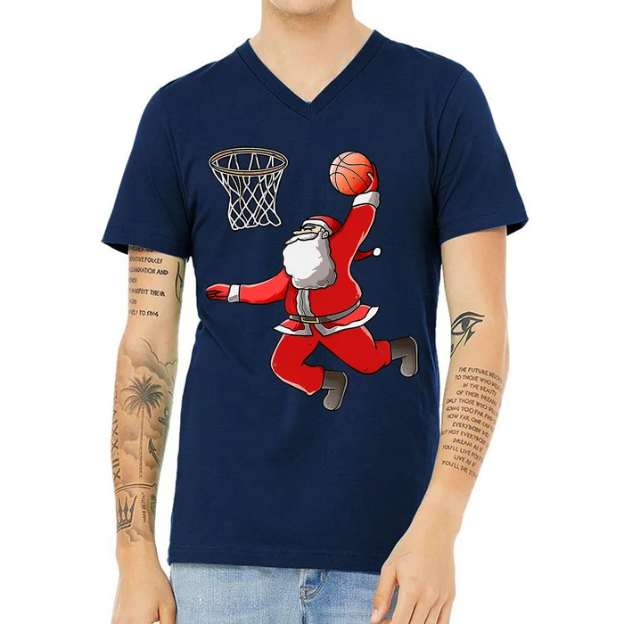 Basketball Santa Christmas Dunk Cool Sport XMas Pajama V-Neck T-Shirt