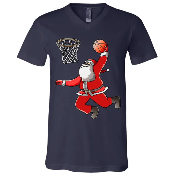 Basketball Santa Christmas Dunk Cool Sport XMas Pajama V-Neck T-Shirt