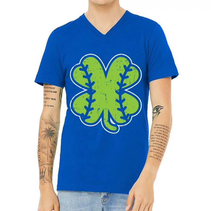 Baseball Shamrock Clover St Patricks Day Lucky Sports Gift V-Neck T-Shirt