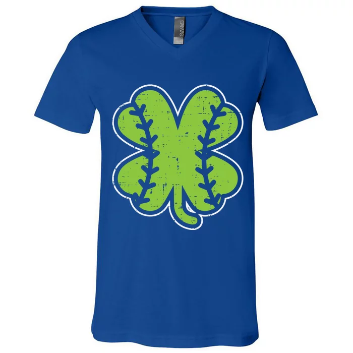 Baseball Shamrock Clover St Patricks Day Lucky Sports Gift V-Neck T-Shirt