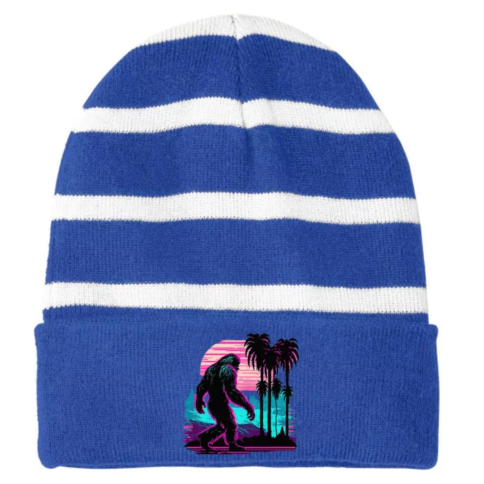 Bigfoot Sasquatch Cool Yeti Vaporwave Striped Beanie with Solid Band