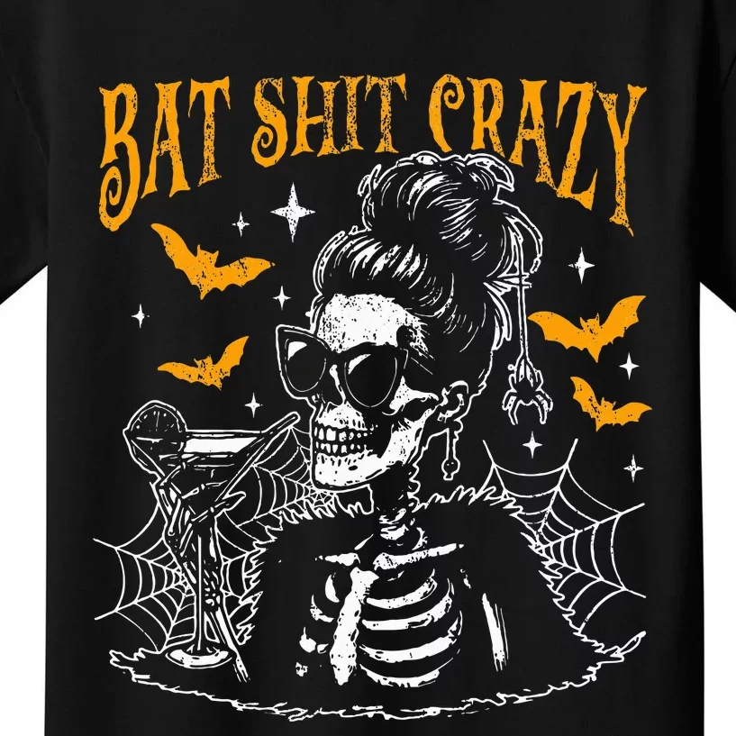 Bat Shit Crazy Halloween Flower Witch Skeleton Kids T-Shirt