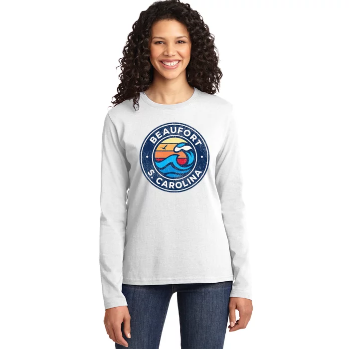 Beaufort South Carolina Sc Vintage Nautical Waves Ladies Long Sleeve Shirt